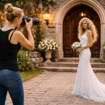 Photographer capturing a bride in a white lace wedding dress standing on stone steps outside a rustic building.