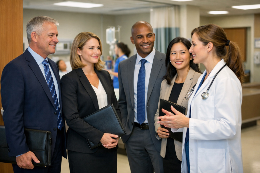 Group of business professionals listening to a female doctor speaking in a hospital setting.