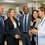 Group of business professionals listening to a female doctor speaking in a hospital setting.