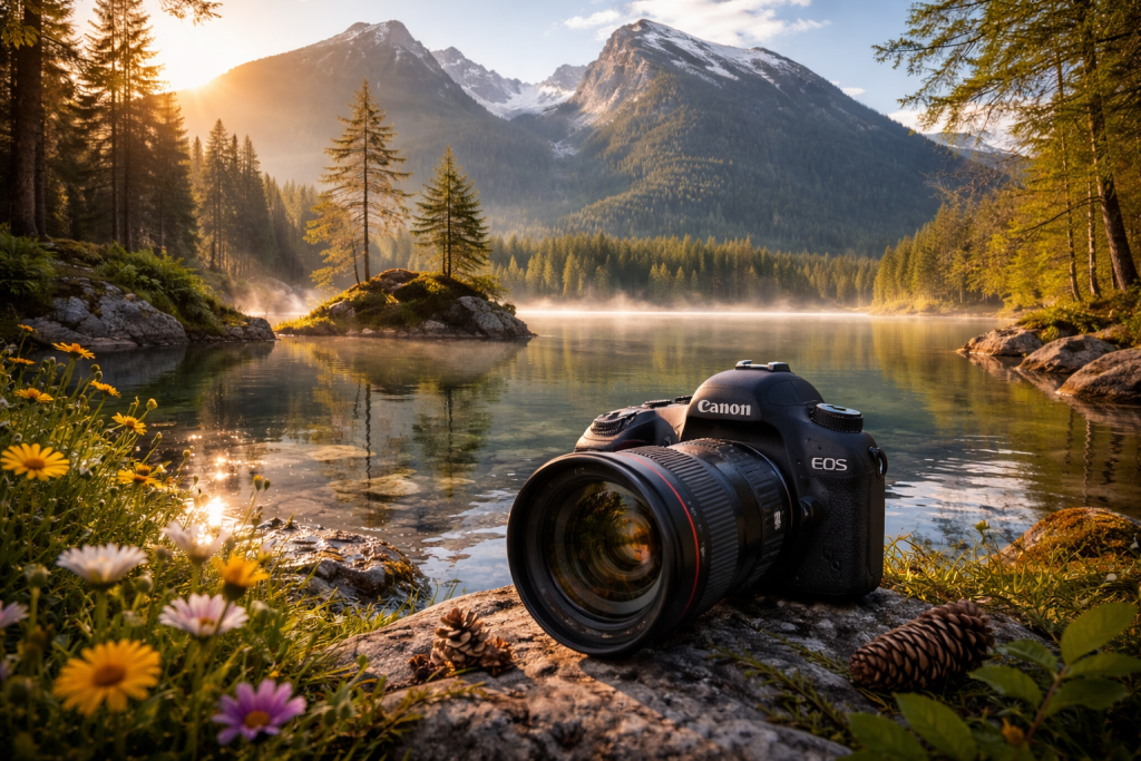 Canon EOS camera resting on a rock by a tranquil mountain lake with forest and snow-capped peaks at sunset