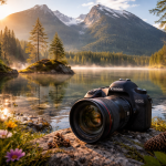 Canon EOS camera resting on a rock by a tranquil mountain lake with forest and snow-capped peaks at sunset