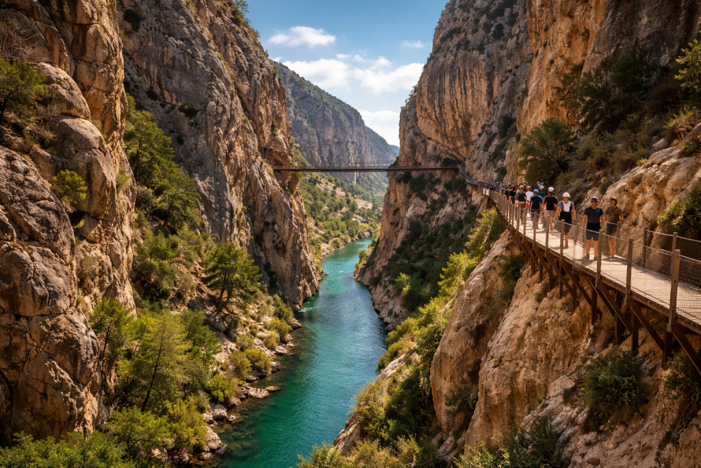 People walking on a narrow cliffside walkway above a vibrant turquoise river in a steep rocky canyon.