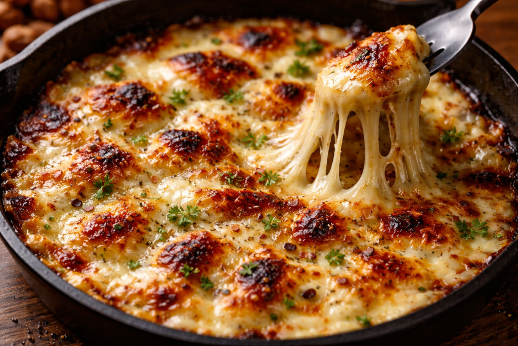Close-up of a baked cheesy dip in a skillet with herbs and a fork lifting melted cheese