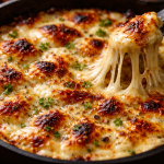 Close-up of a baked cheesy dip in a skillet with herbs and a fork lifting melted cheese