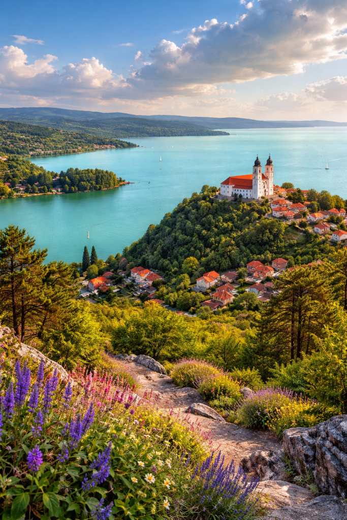Historic church with red roofs on a lush hill overlooking a turquoise lake with sailboats under a partly cloudy sky.