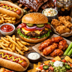 A variety of American fast foods including burger, hot dogs, fries, ribs, chicken wings, nachos, pizza, and popcorn.