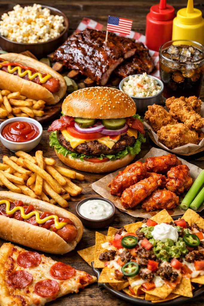 A variety of American fast foods including burger, hot dogs, fries, ribs, chicken wings, nachos, pizza, and popcorn.