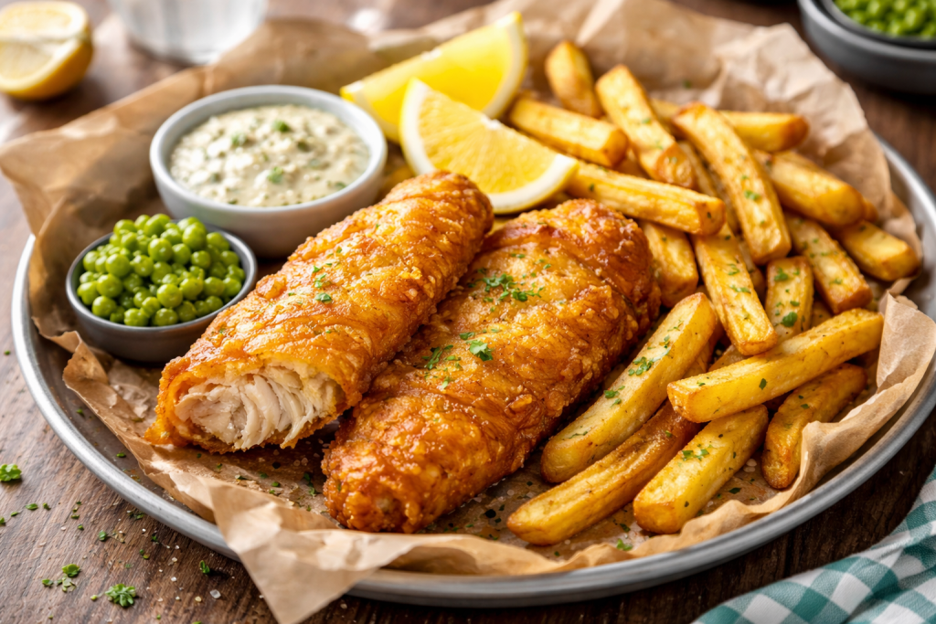 Plate of crispy battered fish, golden fries, lemon wedges, tartar sauce, and green peas