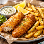 Plate of crispy battered fish, golden fries, lemon wedges, tartar sauce, and green peas