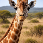 Close-up view of a giraffe's face and patterned neck in an African savanna.