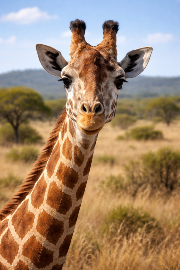 Close-up view of a giraffe's face and patterned neck in an African savanna.