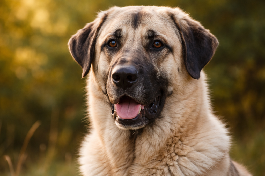 Large dog with tan and black fur looking ahead with mouth open and tongue out