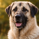 Large dog with tan and black fur looking ahead with mouth open and tongue out