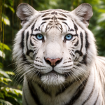 Close-up of a white tiger with blue eyes in a green jungle