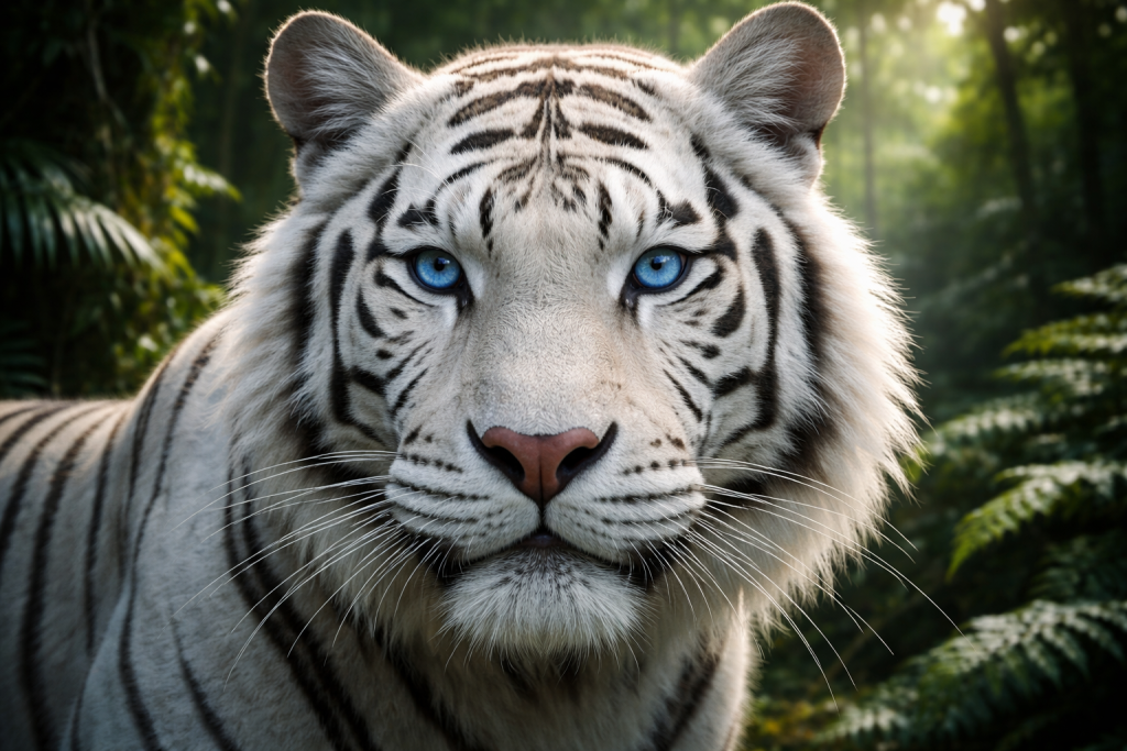 Close-up of a white tiger with striking blue eyes in a forest setting