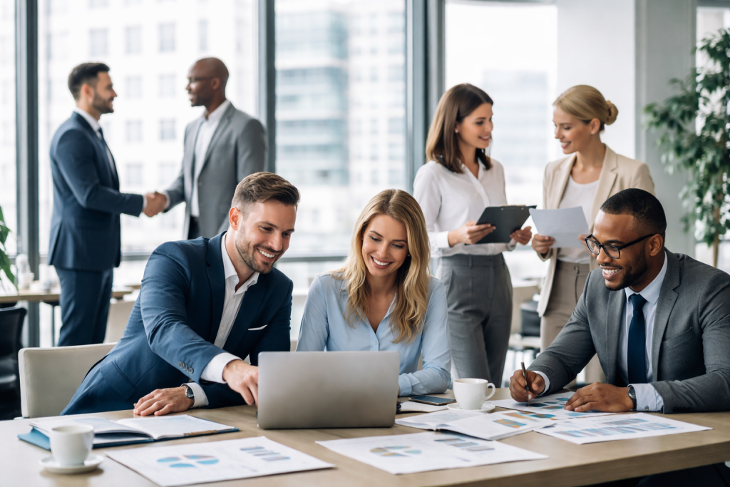 Group of six business professionals working and discussing in a modern office.
