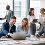 Group of six business professionals working and discussing in a modern office.