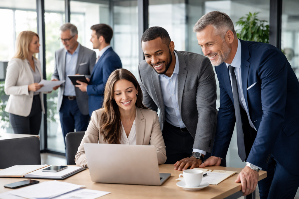 Three businesspeople smiling and looking at a laptop during a meeting in an office.