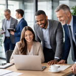 Three businesspeople smiling and looking at a laptop during a meeting in an office.