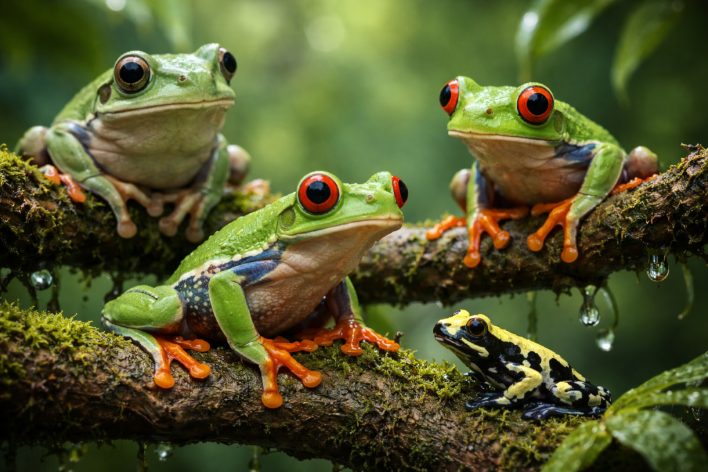 Three green frogs with red eyes and one small black and yellow frog on moss-covered branches.