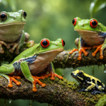 Three green frogs with red eyes and one small black and yellow frog on moss-covered branches.