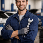 Smiling male mechanic in blue overalls holding a wrench in a car repair shop