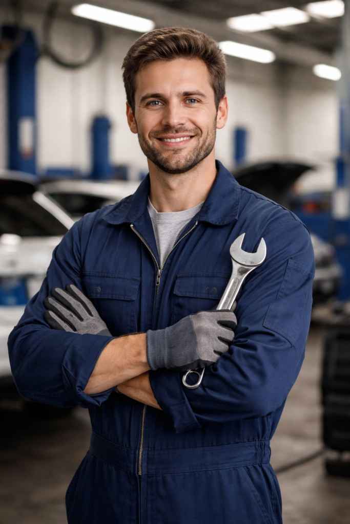 Smiling male mechanic in blue overalls holding a wrench in a car repair shop