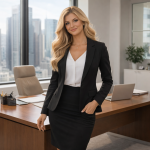 Smiling businesswoman in black suit standing in modern office with city view behind her