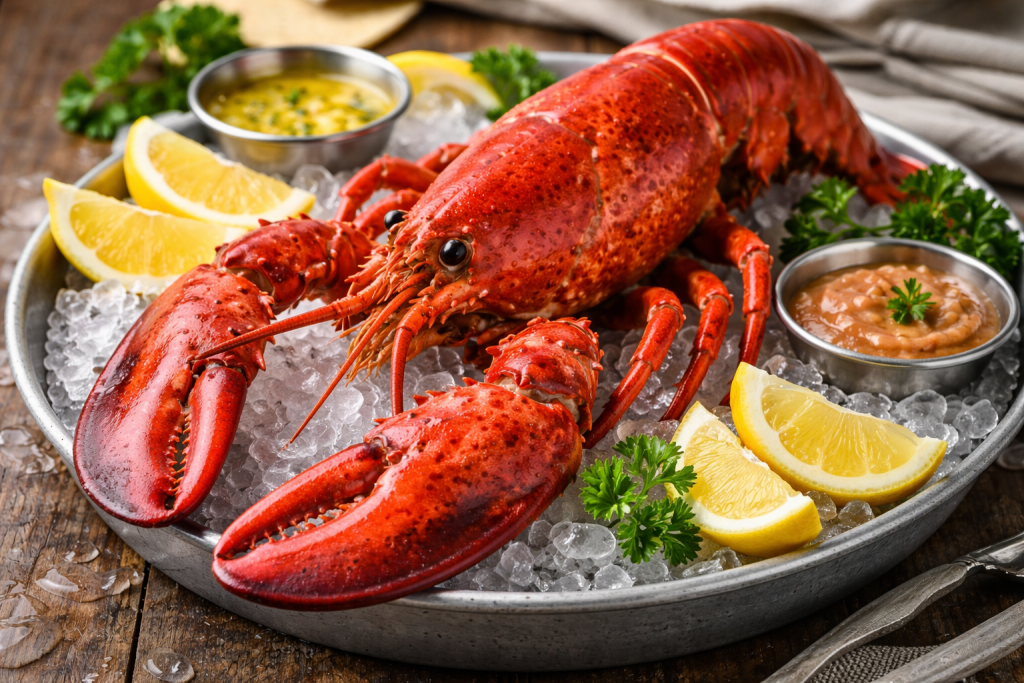 Whole cooked lobster served on a bed of ice with lemon wedges and dipping sauces