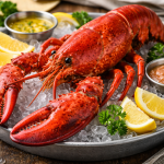 Whole cooked lobster served on a bed of ice with lemon wedges and dipping sauces
