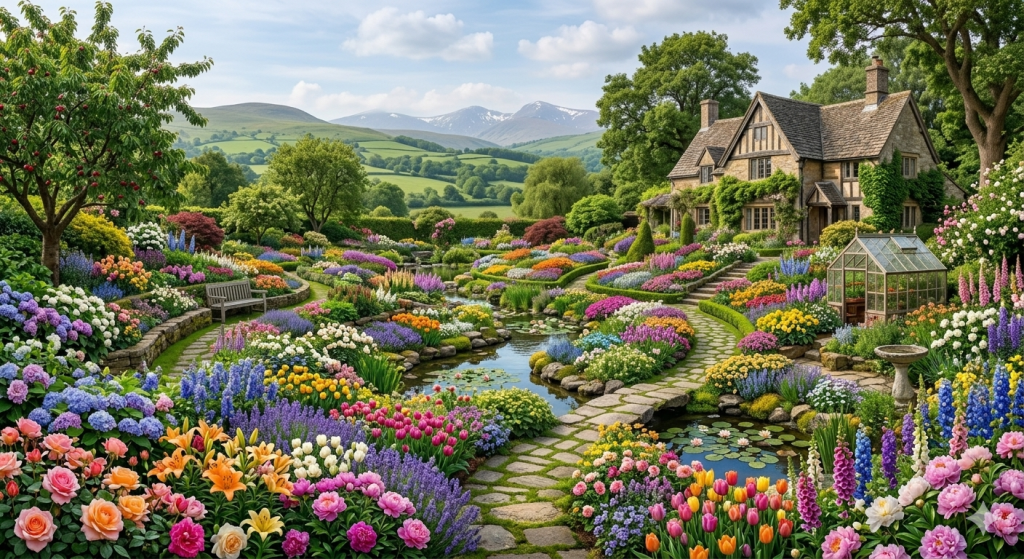 Stone cottage and greenhouse with colorful flower beds and a stone path winding by lily-pad pond.