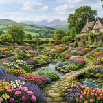 Stone cottage and greenhouse with colorful flower beds and a stone path winding by lily-pad pond.