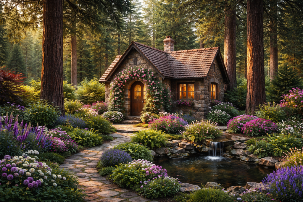 Stone cottage with flower-covered arch door and glowing windows surrounded by a colorful garden in forest