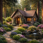Stone cottage with flower-covered arch door and glowing windows surrounded by a colorful garden in forest