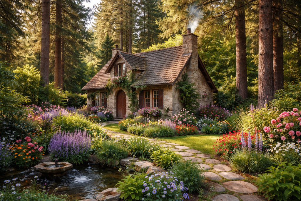 Stone cottage surrounded by colorful flowers, tall trees, and a small pond with a fountain.