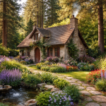 Stone cottage surrounded by colorful flowers, tall trees, and a small pond with a fountain.