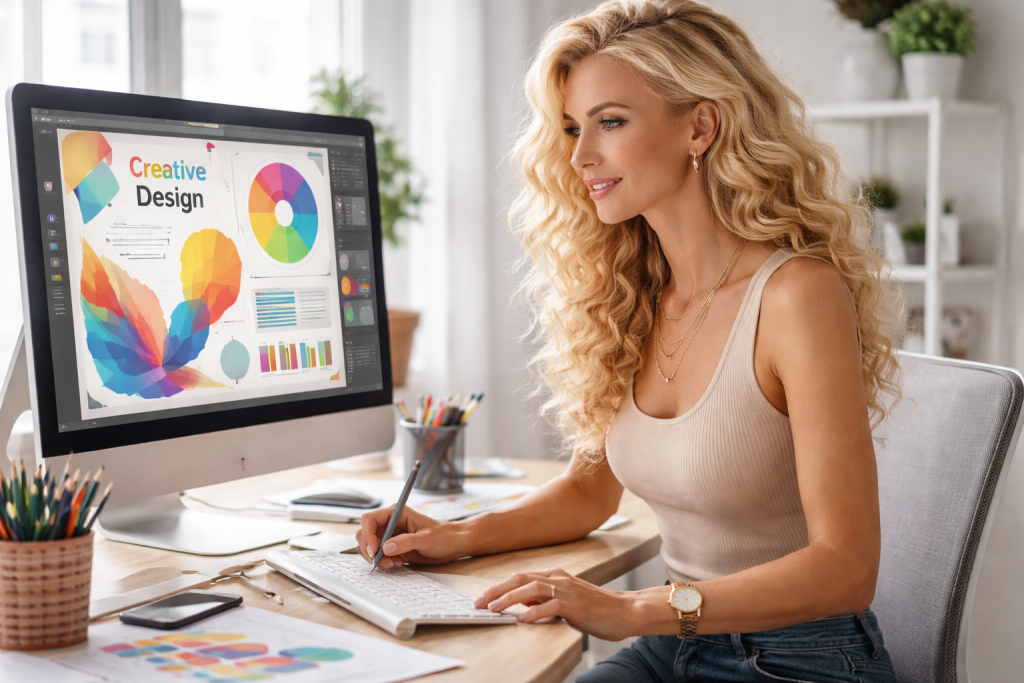 Woman working on creative design on a computer in a bright, modern office
