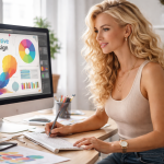 Woman working on creative design on a computer in a bright, modern office