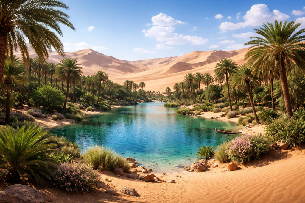 A clear blue water oasis surrounded by green palm trees and sand dunes under a bright sky.