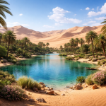 A clear blue water oasis surrounded by green palm trees and sand dunes under a bright sky.