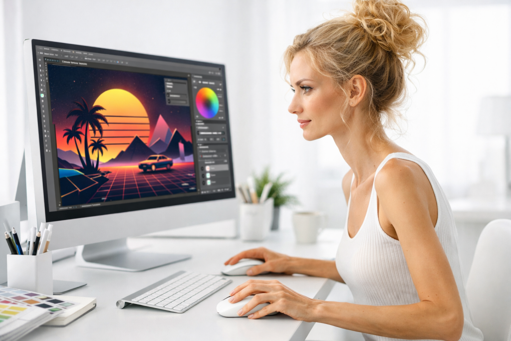 Woman working on retro-style digital artwork on a computer in a bright office