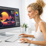 Woman working on retro-style digital artwork on a computer in a bright office