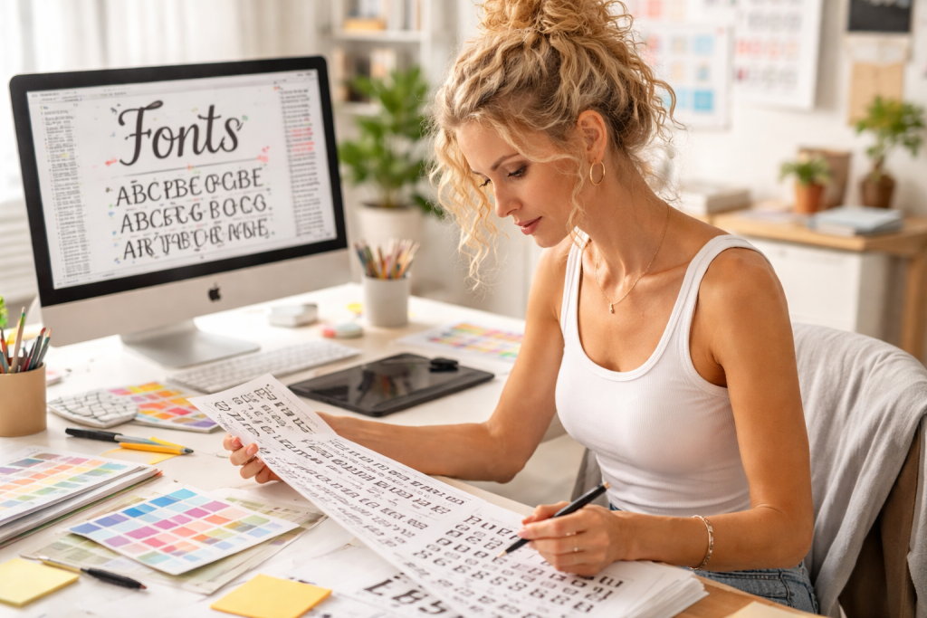 Woman reviewing and drawing font designs at a desk with color swatches and a computer screen showing fonts.