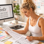 Woman reviewing and drawing font designs at a desk with color swatches and a computer screen showing fonts.