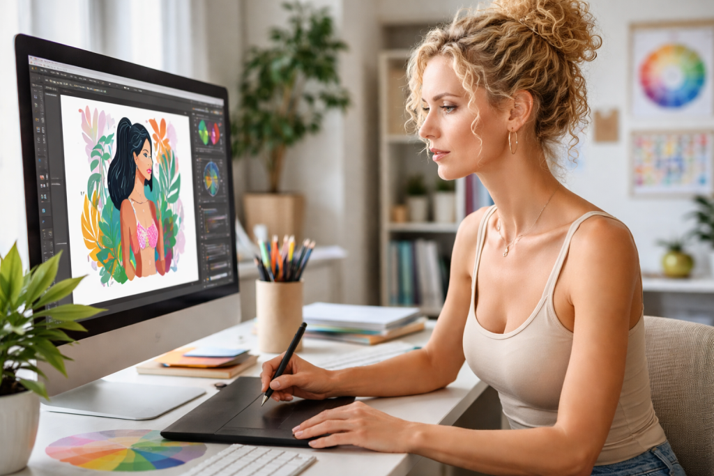 Woman using a digital pen tablet to create colorful artwork on a computer screen