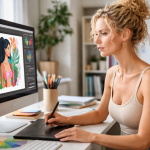 Woman using a digital pen tablet to create colorful artwork on a computer screen