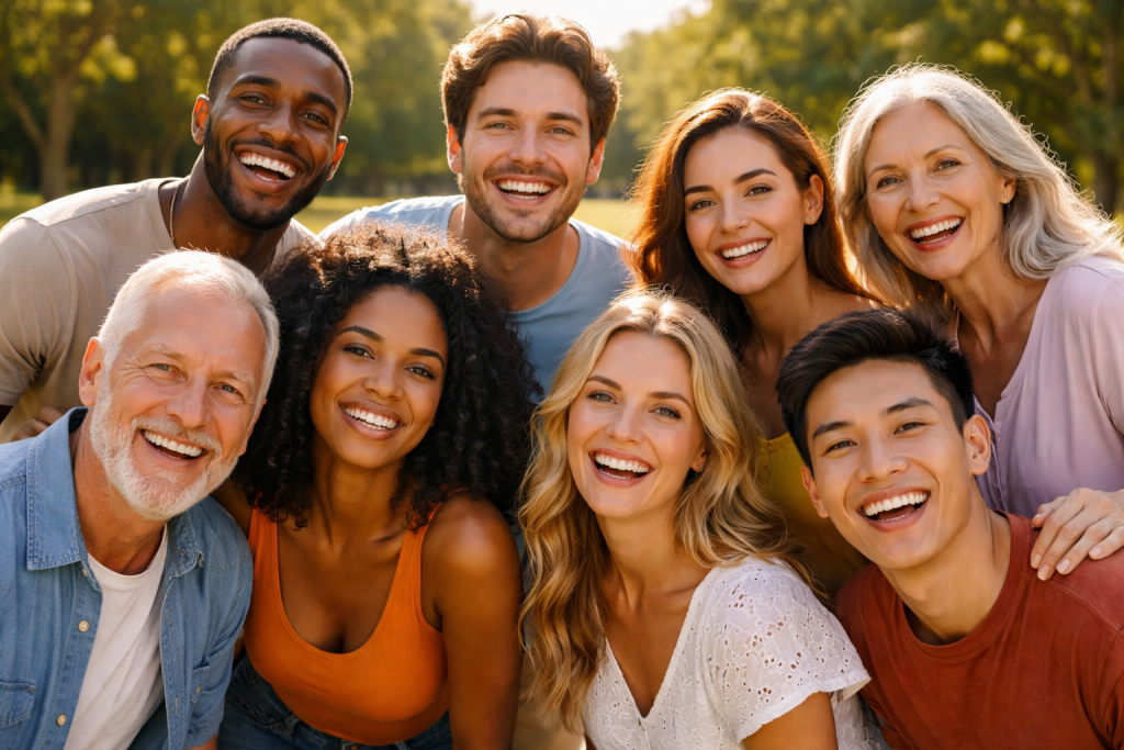 Group of diverse people smiling happily in a sunny park