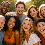 Group of diverse people smiling happily in a sunny park