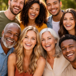 A diverse group of seven people smiling warmly while standing close together outside.