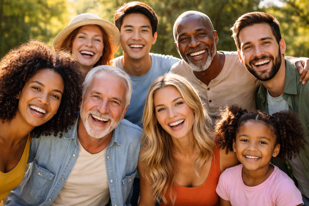 A diverse group of eight people of different ages smiling together outside in sunlight